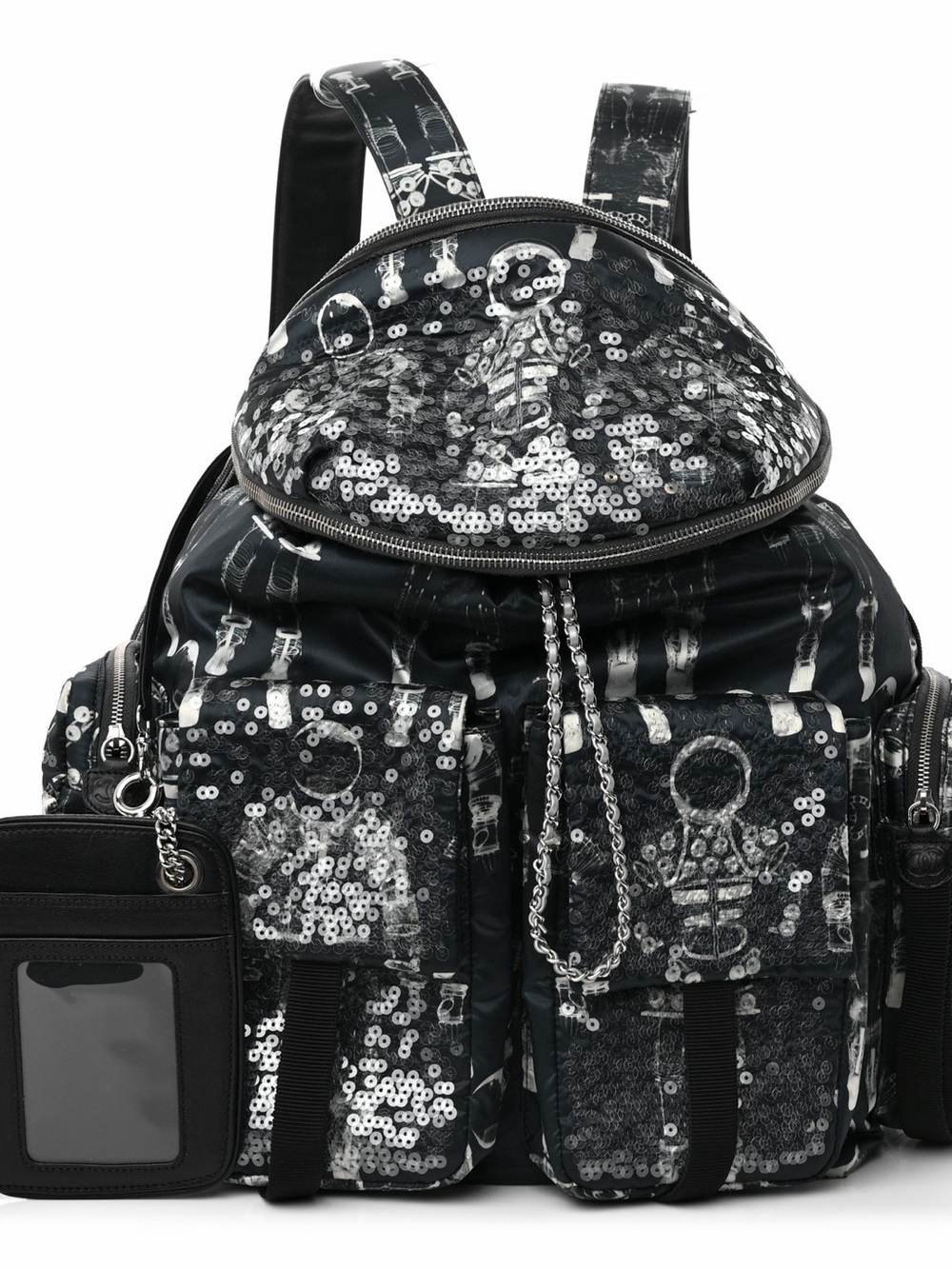 CHANEL Black Sequin Backpack with Chain Trim